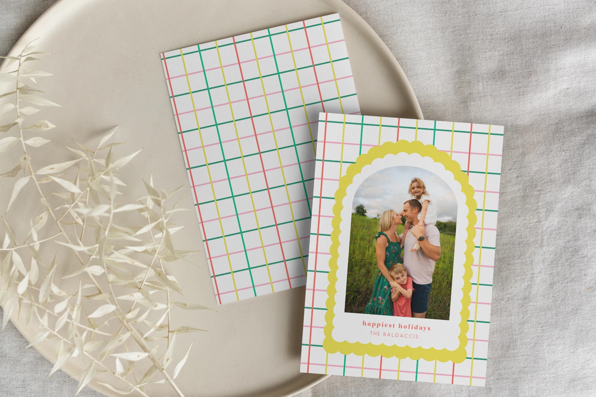 Original Baldaccis colorful plaid holiday card front and back