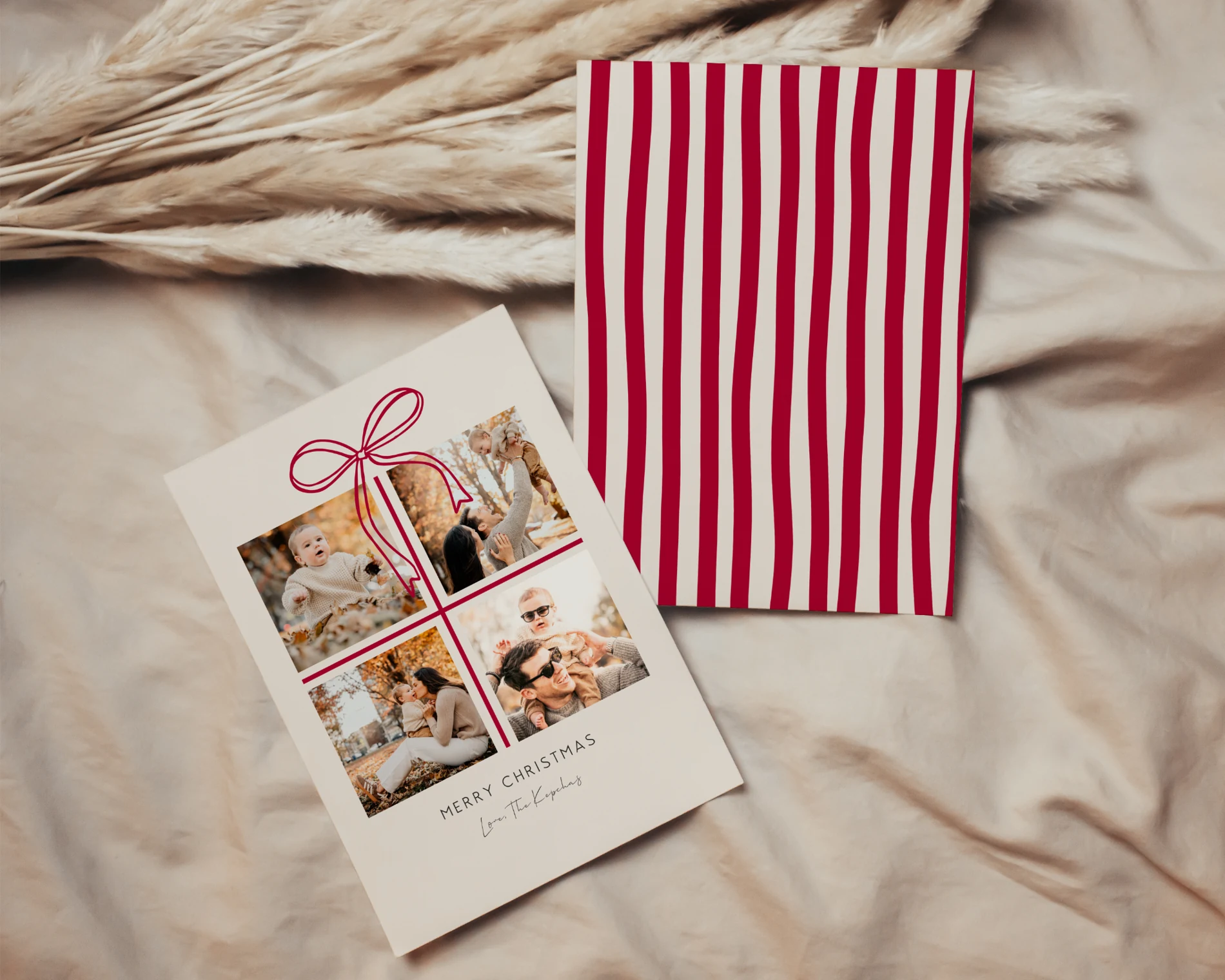 Original Kepchas red striped holiday card with family photo collage