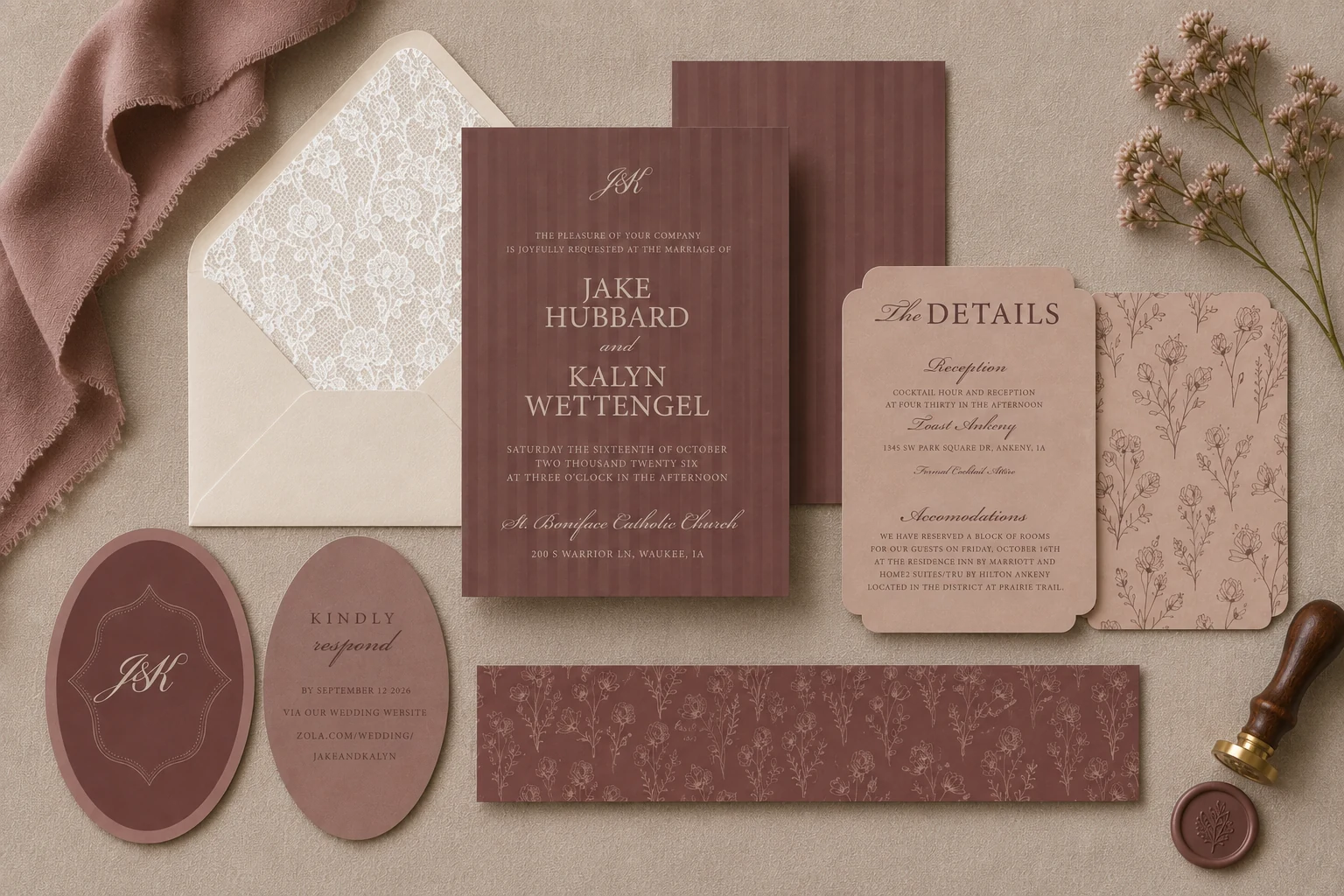 KraftedByKay mauve wedding invitation suite with coordinated details, envelope liner, RSVP and wax seal