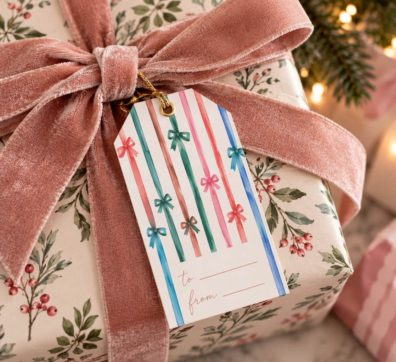 Original multicolor striped KraftedByKay holiday gift tag on a wrapped present