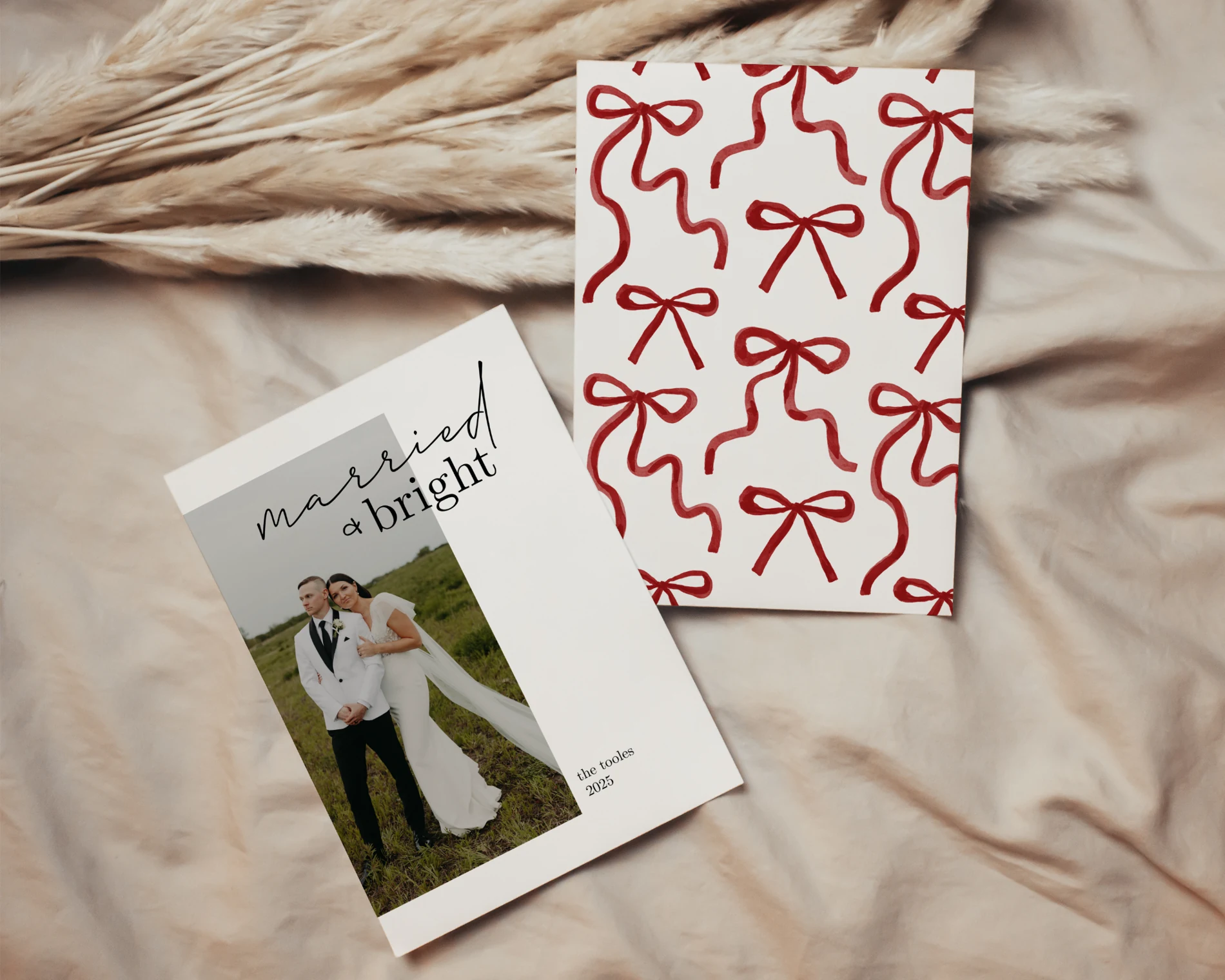 Original Toole married and bright holiday card with illustrated red bows